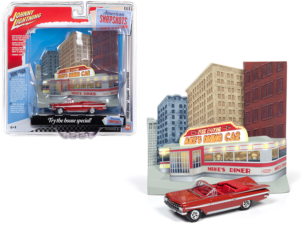 1959 Chevrolet Impala Convertible Red with "Mike’s Diner" Front Facade Diorama Set "American Snapshots" 1/64 Diecast Model Car by Johnny Lightning