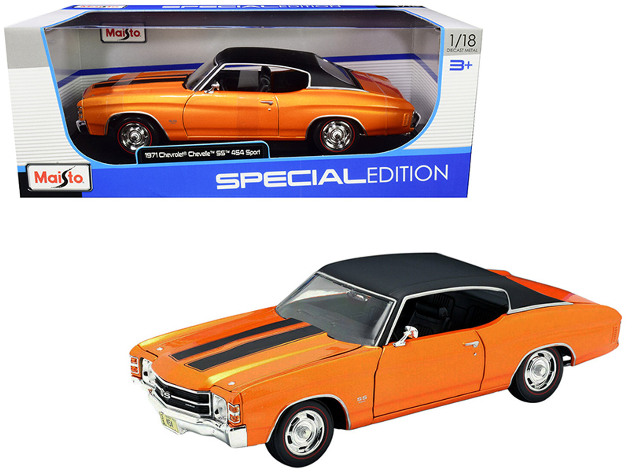 1/18 Maisto 1971 Chevrolet Chevelle SS 454 Sport (Metallic Orange with Black Top and Black Stripes) Diecast Car Model