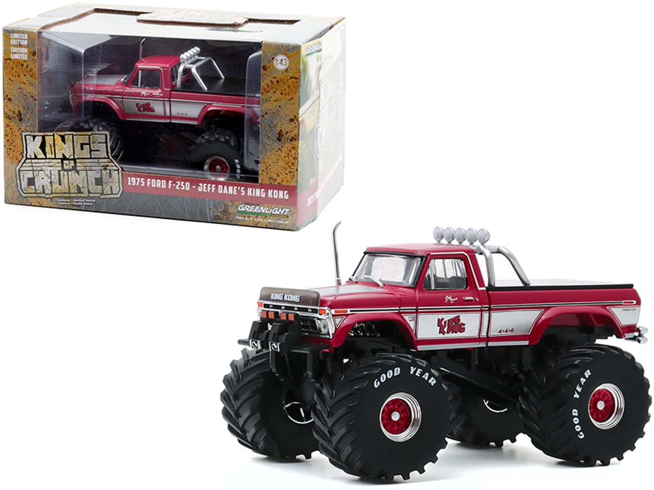 1975 Ford F-250 Ranger XLT Monster Truck with 66-Inch Tires and Bed Cover "King Kong" Pink "Kings of Crunch" 1/43 Diecast Model Car by Greenlight