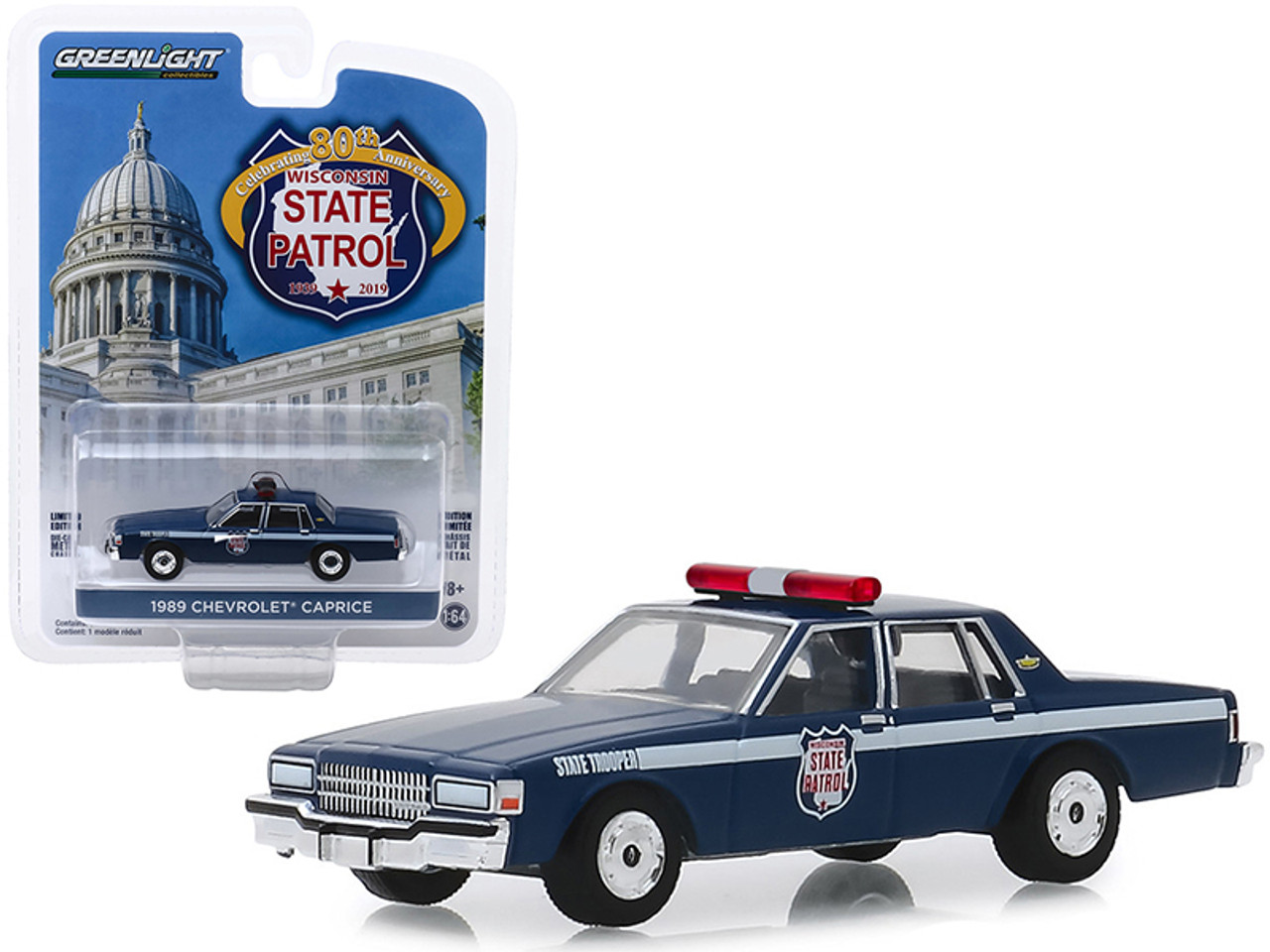 1989 Chevrolet Caprice Police Car Dark Blue "Wisconsin State Patrol 80th Anniversary" (1939-2019) "Anniversary Collection" Series 9 1/64 Diecast Model Car by Greenlight