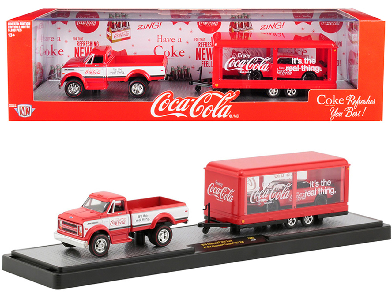 1970 Chevrolet C60 Pickup Truck Coke Red and White with Trailer and 1968 Chevrolet Camaro SS 350 Coke Red with Black Hood "Coca-Cola" Set Limited Edition to 5880 pieces Worldwide 1/64 Diecast Models by M2 Machines