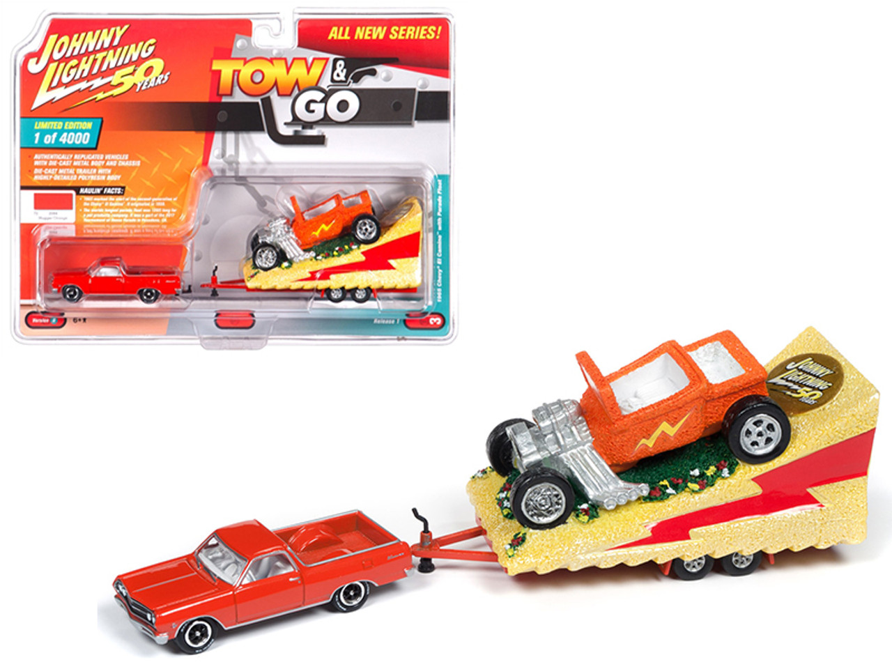 1965 Chevrolet El Camino Hugger Orange with Parade Float Limited Edition to 4,000 pieces Worldwide "Tow & Go" Series 1 1/64 Diecast Model Car by Johnny Lightning