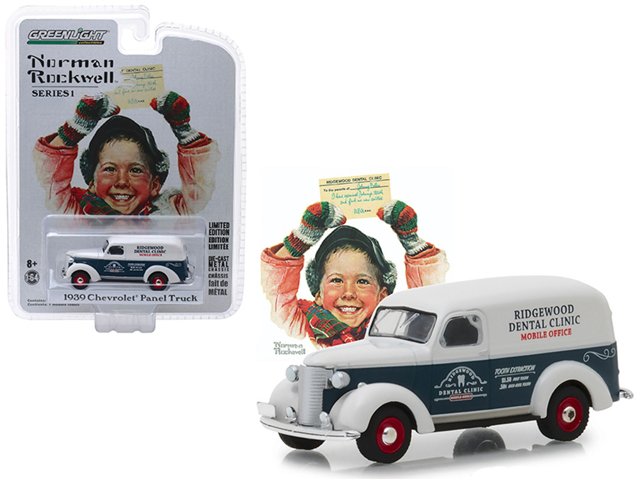 1939 Chevrolet Panel Truck Blue and White "Ridgewood Dental Clinic" Mobile Office "Norman Rockwell Delivery Vehicles" Series 1 1/64 Diecast Model Car by Greenlight