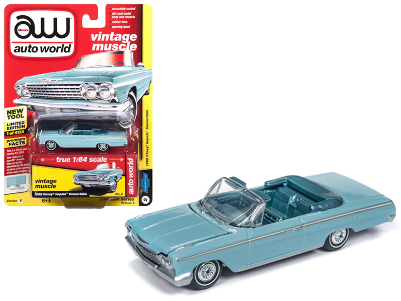 1962 Chevrolet Impala Open Convertible Twilight Turquoise with Light Teal Interior "Vintage Muscle" Limited Edition to 4128 pieces Worldwide 1/64 Diecast Model Car by Autoworld