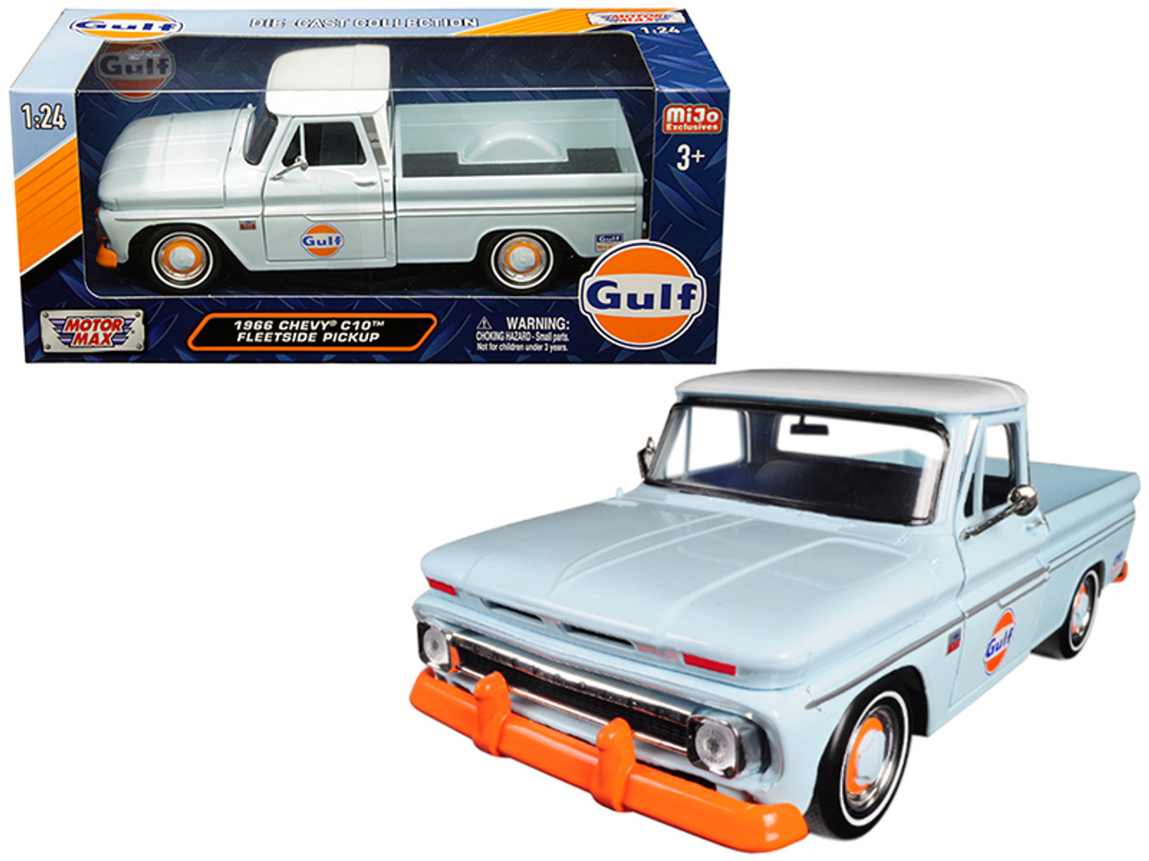 1966 Chevrolet C-10 Fleetside Pickup Truck "Gulf" Light Blue with White Top 1/24 Diecast Model Car by Motormax