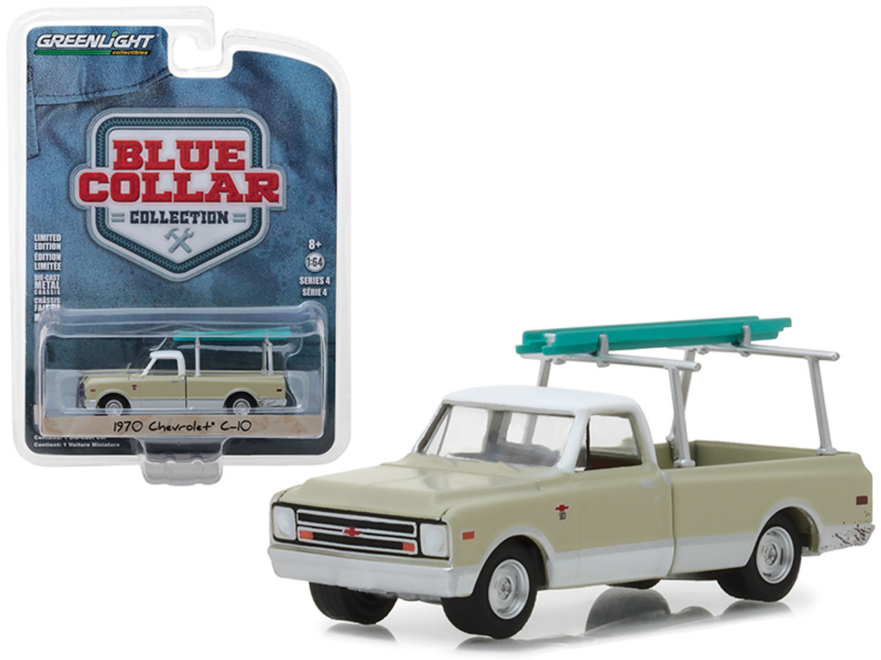 1970 Chevrolet C-10 Pickup Truck Cream with Ladder Rack Blue Collar Collection Series 4 1/64 Diecast Model Car by Greenlight