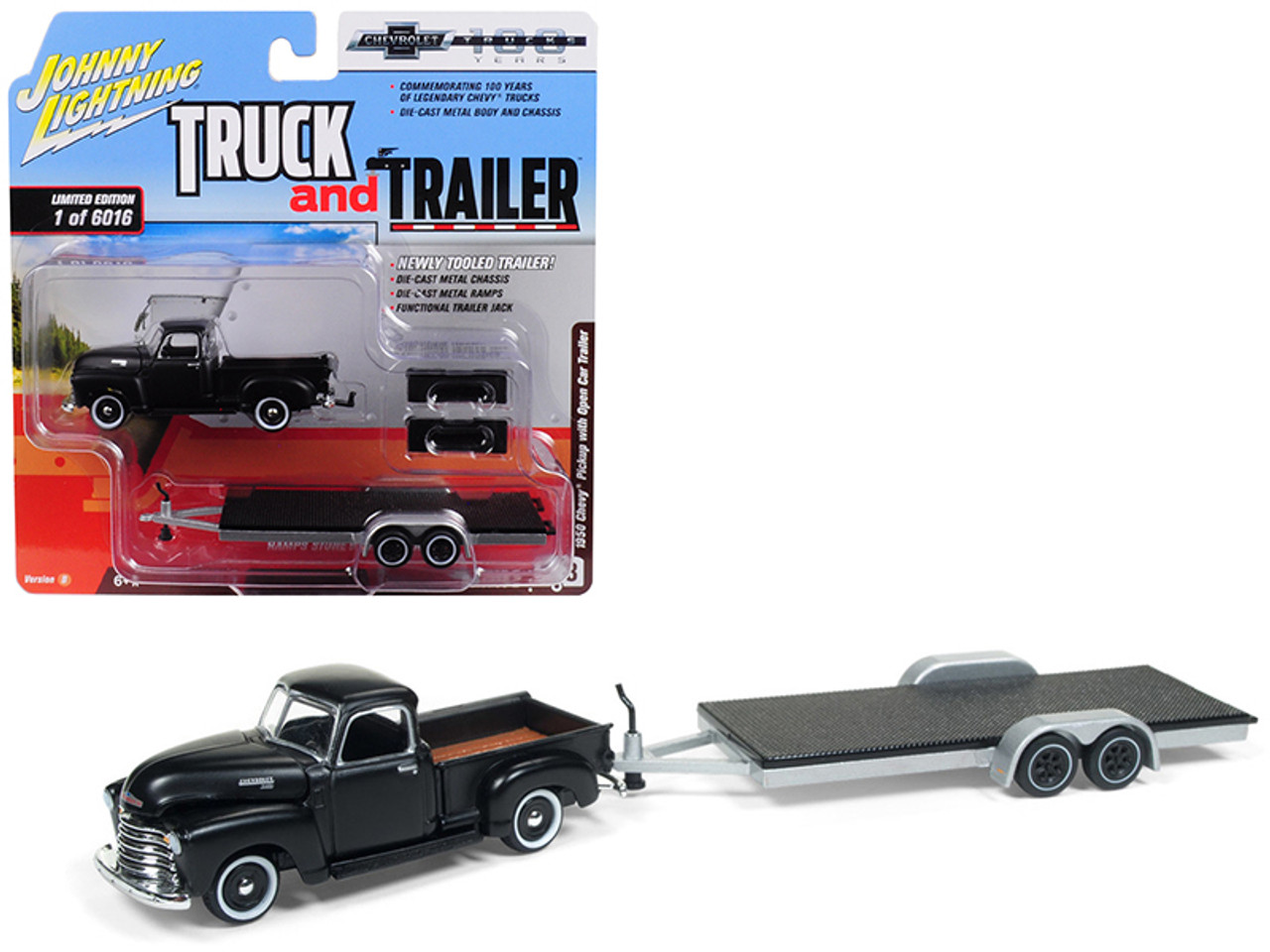 1950 Chevrolet Pickup Truck Matte Black with Open Car Trailer Limited Edition to 6016 pieces Worldwide "Truck and Trailer" Series 2 "Chevrolet Trucks 100th Anniversary" 1/64 Diecast Model Car by Johnny Lightning