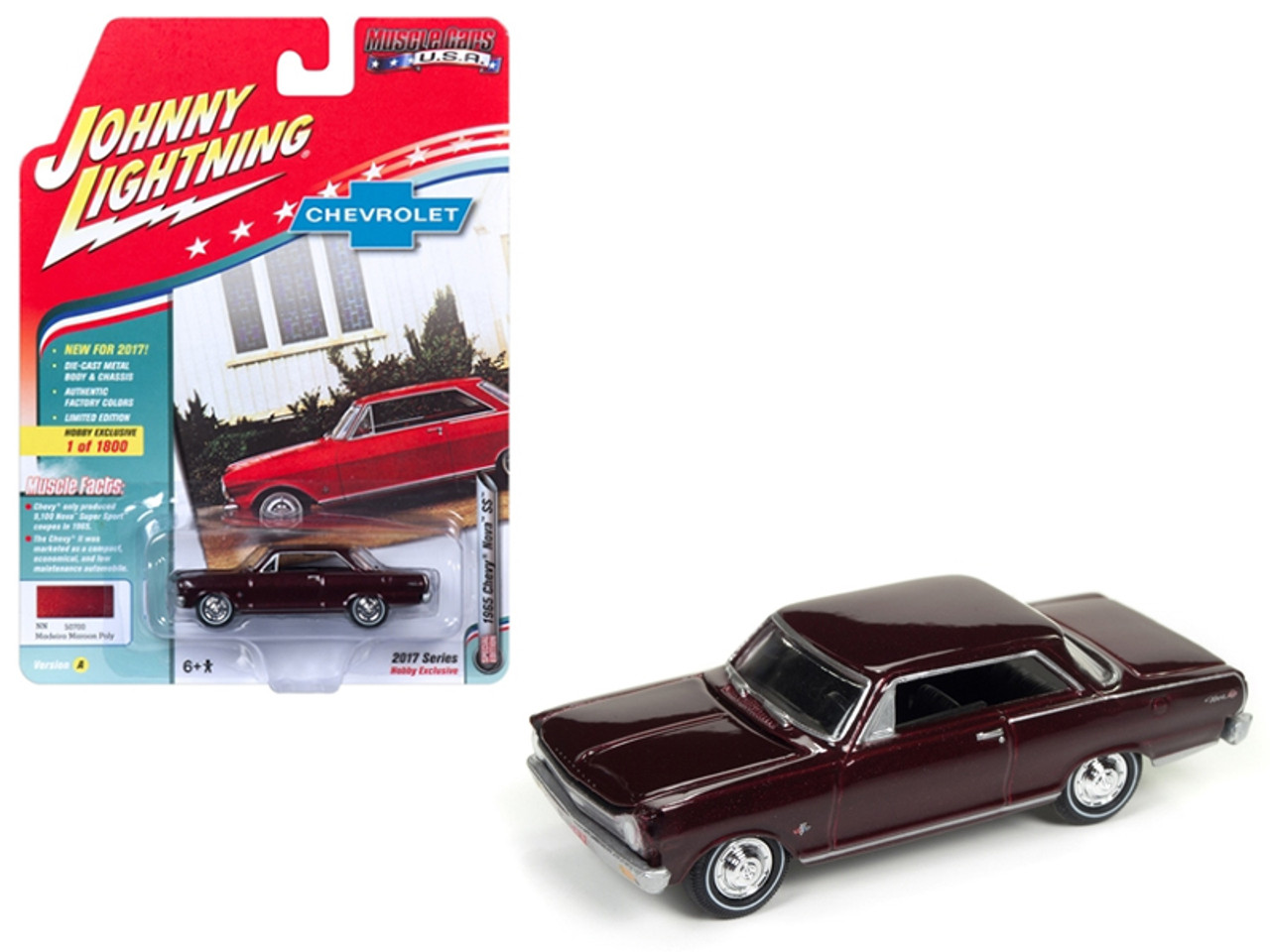 1965 Chevrolet Nova SS Madeira Maroon Poly Limited Edition to 1800pc Worldwide Hobby Exclusive "Muscle Cars USA" 1/64 Diecast Model Car by Johnny Lightning