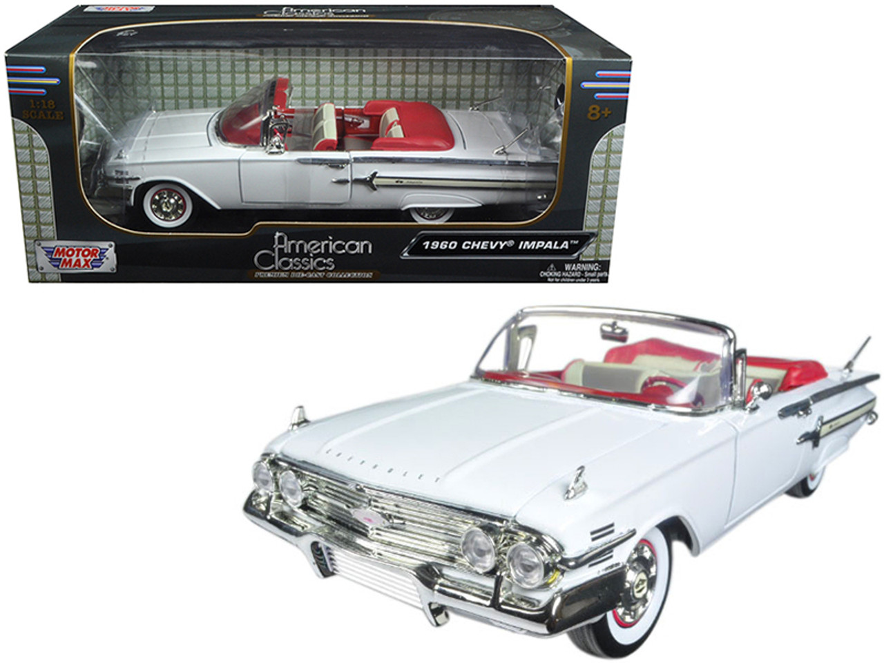 1/18 Motormax 1960 Chevrolet Impala Convertible (White with Red Interior) Diecast Car Model