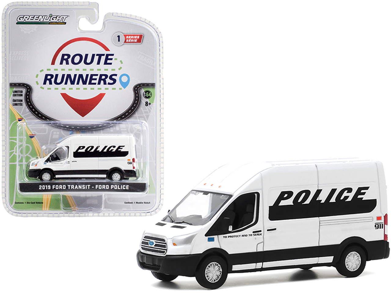 2019 Ford Transit High Roof Van "Police" White and Black "Route Runners" Series 1 1/64 Diecast Model by Greenlight