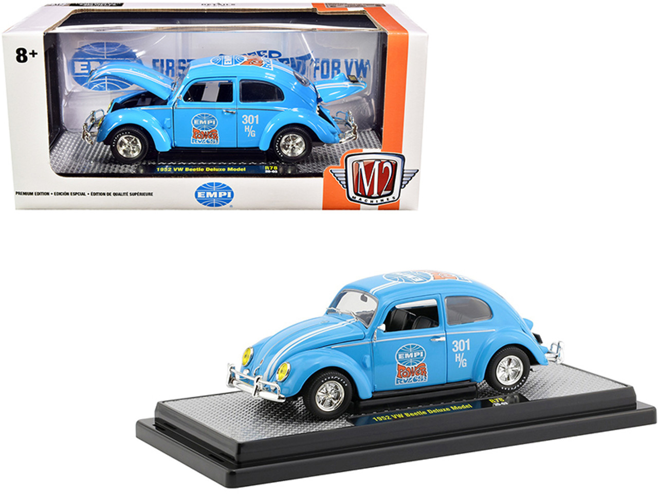 1952 Volkswagen Beetle Deluxe Model "EMPI" Light Blue with White Stripes Limited Edition to 6880 pieces Worldwide 1/24 Diecast Model Car by M2 Machines