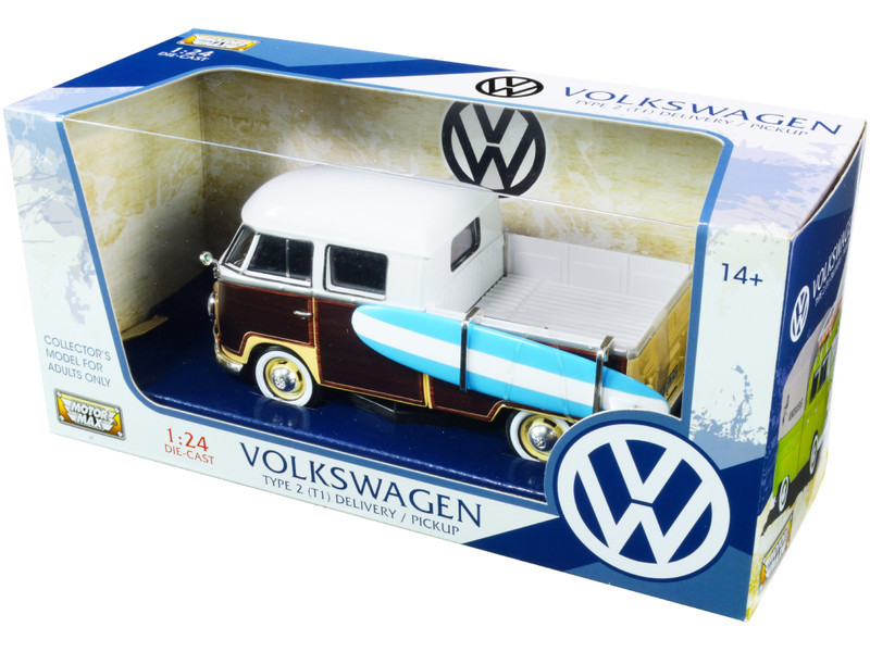 Volkswagen Type 2 (T1) Pickup White and Yellow with Wood Paneling with Surfboard 1/24 Diecast Model Car by Motormax
