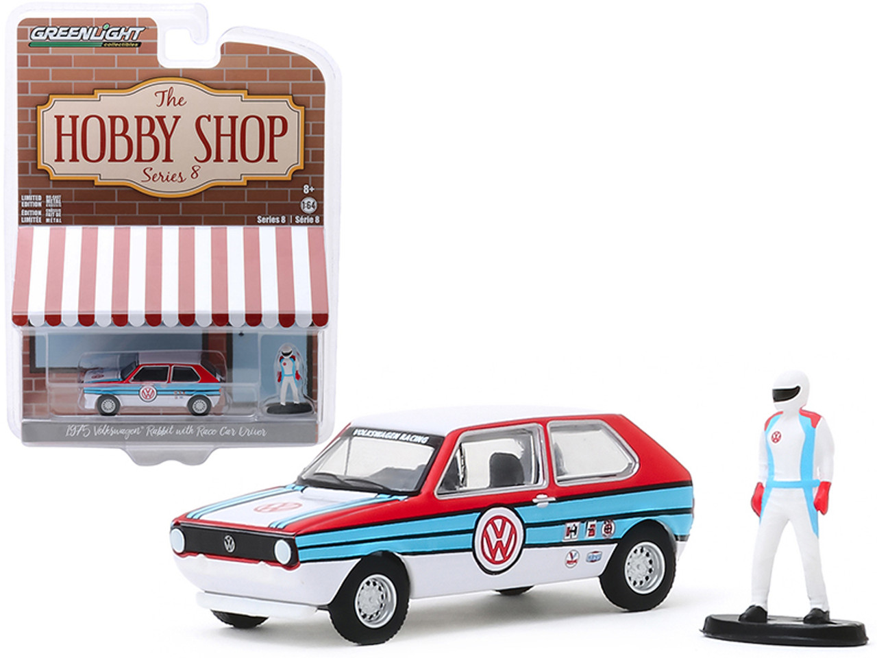 1975 Volkswagen Rabbit White with Stripes and Race Car Driver Figurine "The Hobby Shop" Series 8 1/64 Diecast Model Car by Greenlight