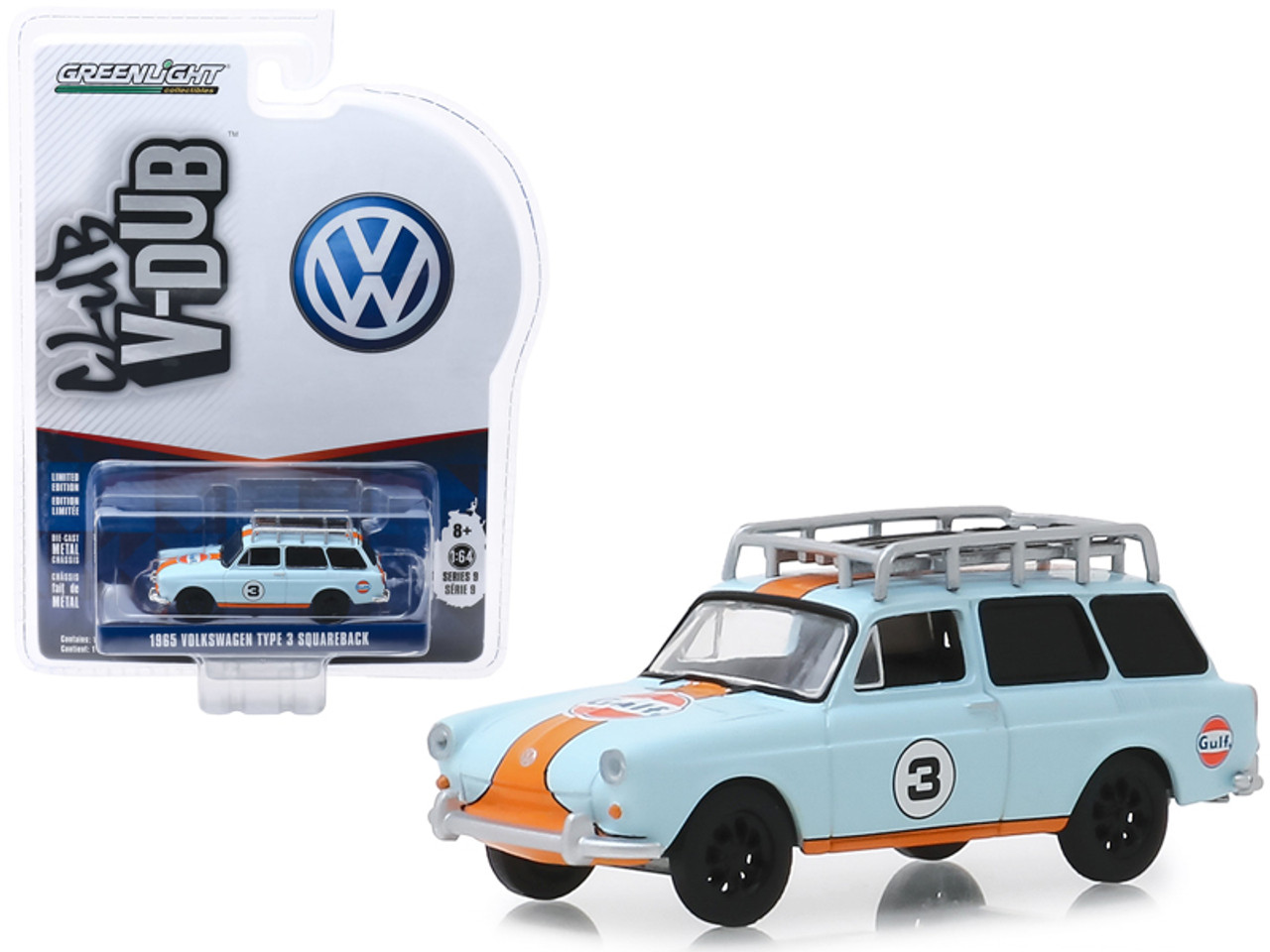 1965 Volkswagen Type 3 Squareback #3 "Gulf Oil" with Roof Rack "Club Vee V-Dub" Series 9 1/64 Diecast Model Car by Greenlight