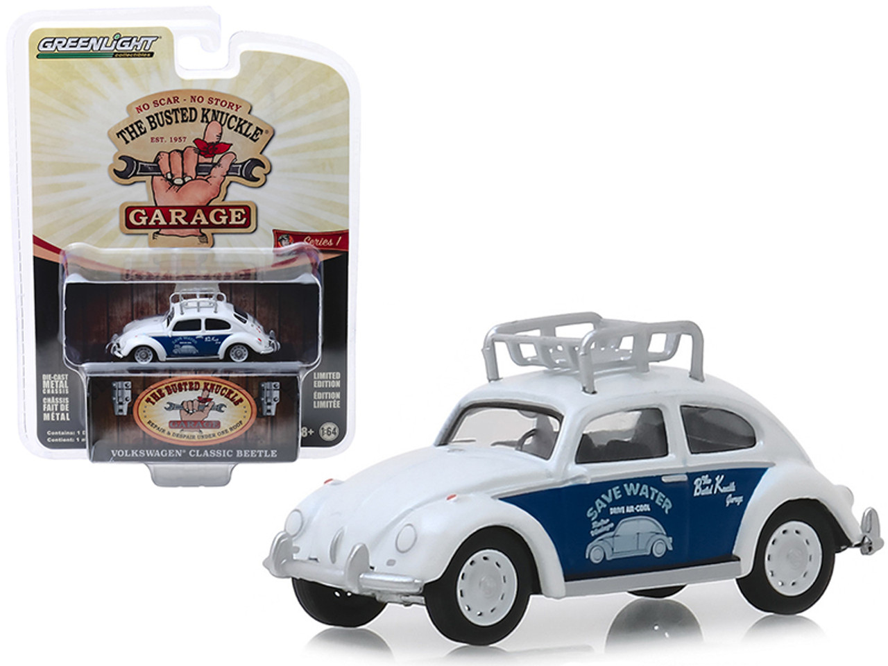 Classic Volkswagen Beetle with Roof Rack White "Save Water" "Busted Knuckle Garage" Series 1 1/64 Diecast Model Car by Greenlight