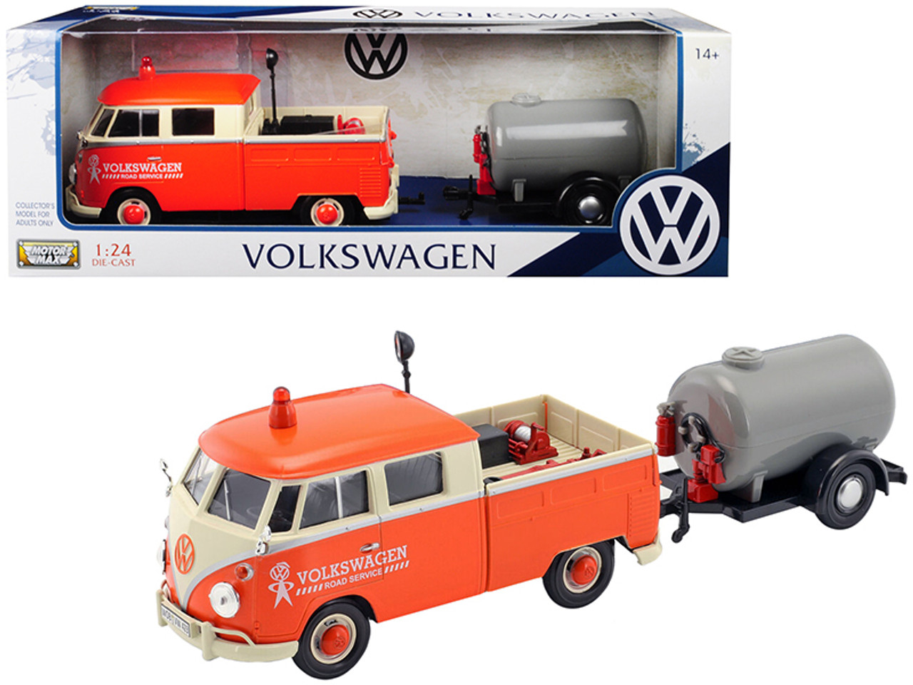 Volkswagen Type 2 (T1) Pickup Truck Orange and Cream with Oil Trailer "Road Service" 1/24 Diecast Model Car by Motormax