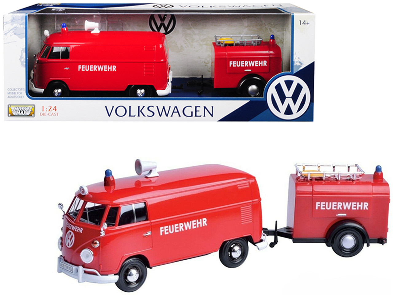 Volkswagen Type 2 (T1) Fire Van with Fire Fighting Trailer "Feuerwehr" Red 1/24 Diecast Model Car by Motormax