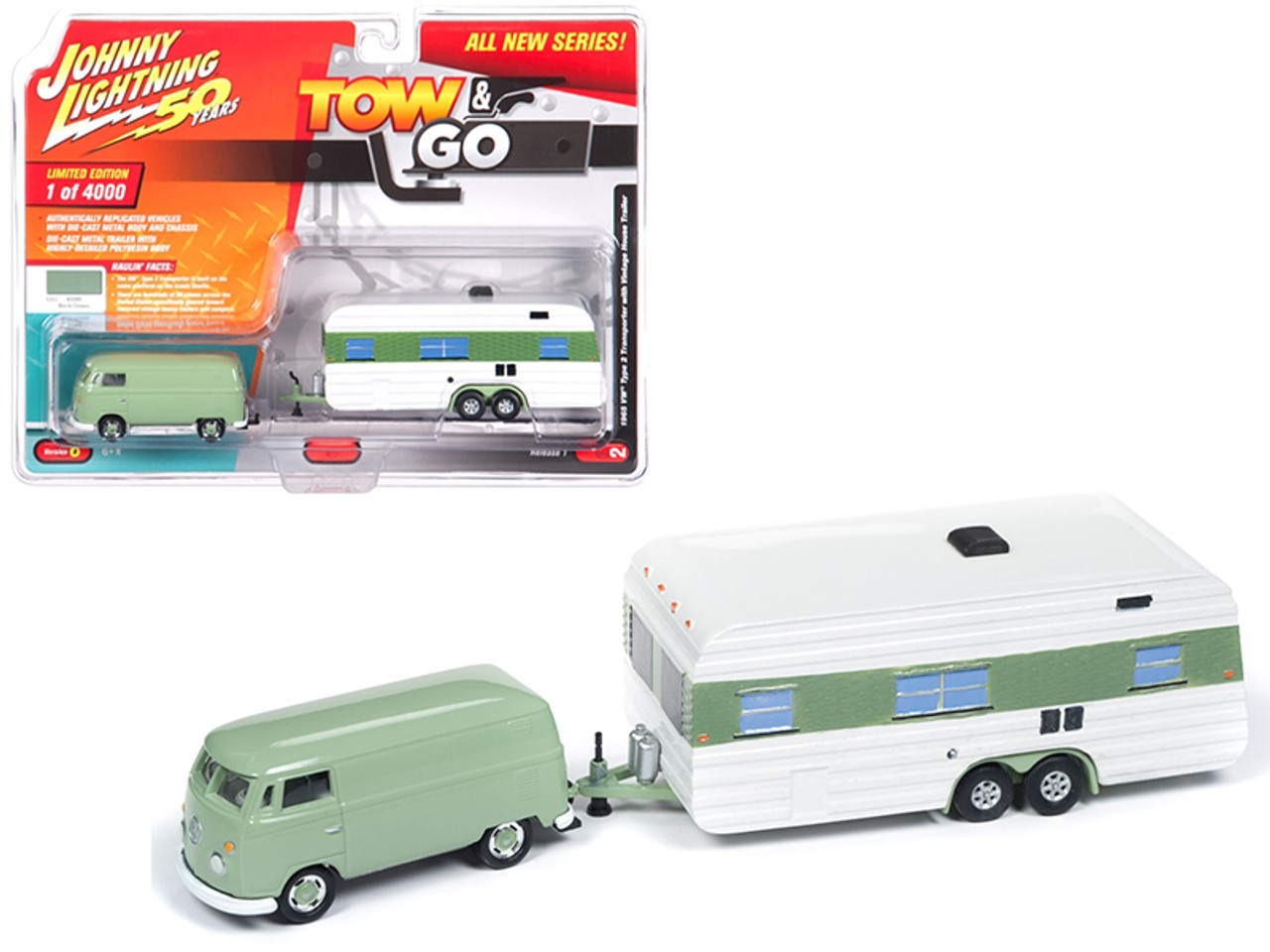 1965 Volkswagen Type 2 Transporter Birch Green with Vintage House Trailer Limited Edition to 4,000 pieces Worldwide "Tow & Go" Series 1 1/64 Diecast Model Car by Johnny Lightning