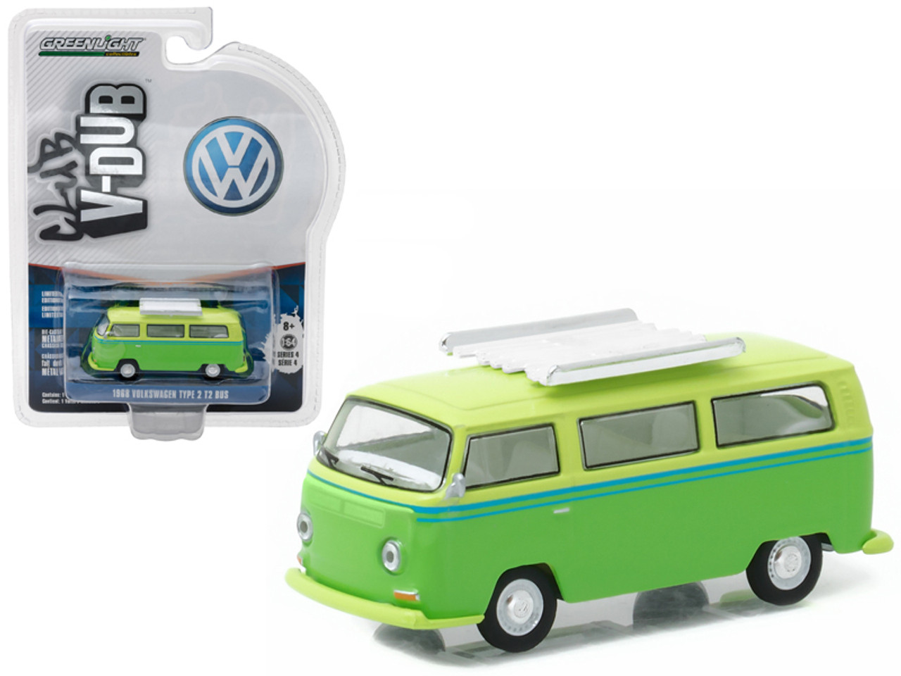 1968 Volkswagen Type 2 T2 Bus Green with Roof Rack 1/64 Diecast Model Car by Greenlight
