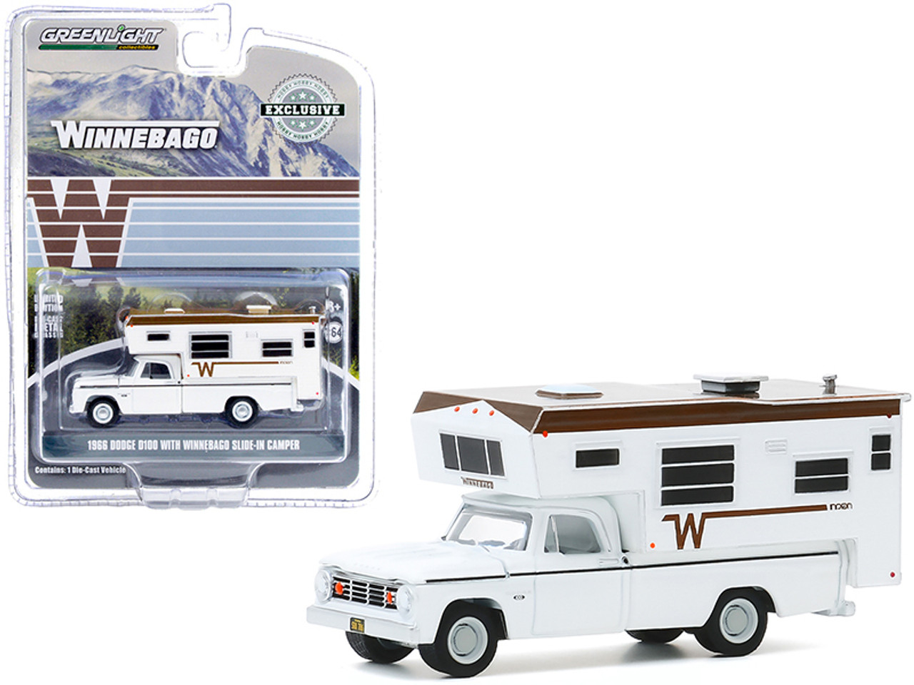 1966 Dodge D100 Pickup Truck with Winnebago Slide-In Camper White with Brown Top "Hobby Exclusive" 1/64 Diecast Model Car by Greenlight