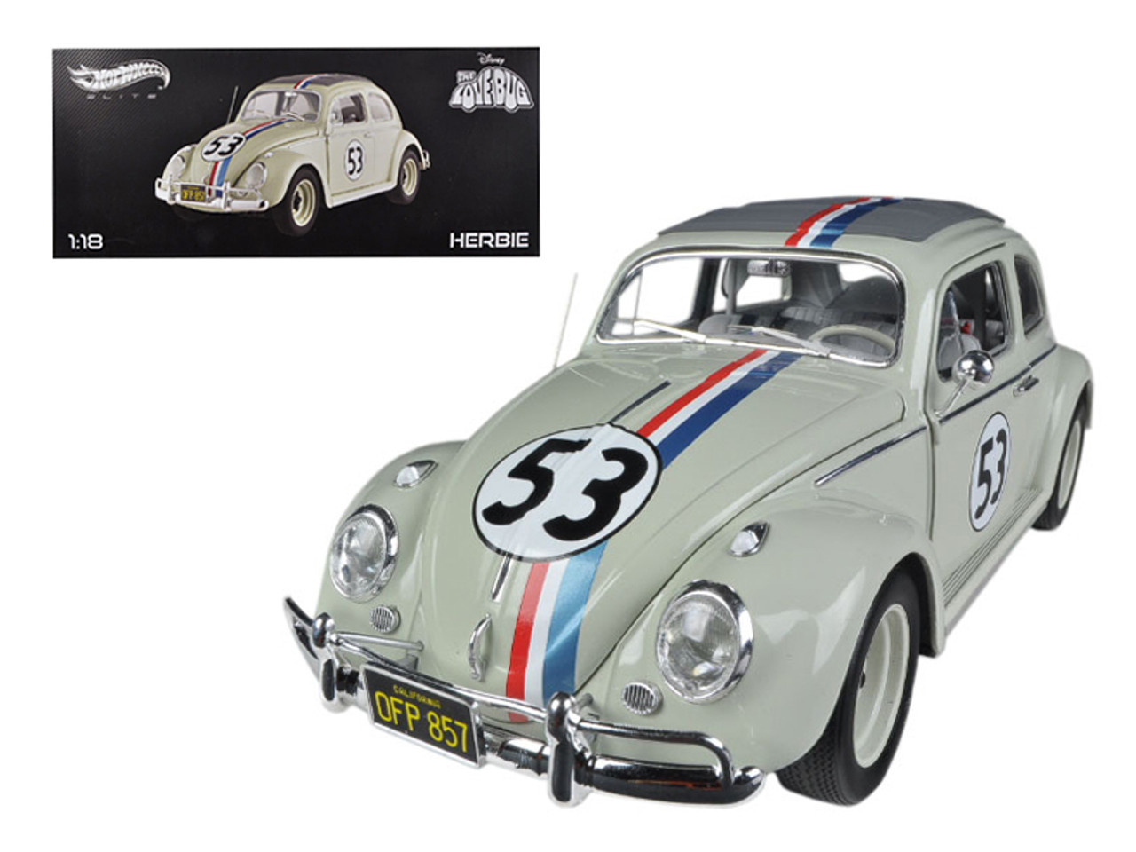 1963 Volkswagen Beetle "The Love Bug" Herbie #53 Elite Edition 1/18 Diecast Car Model by Hotwheels