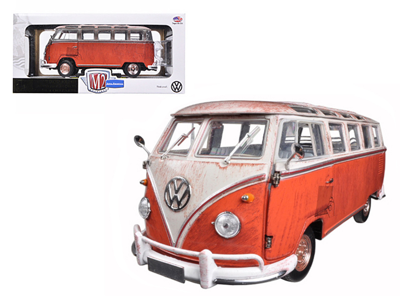 1960 Volkswagen Microbus Deluxe USA Model Red Rusted Verion 1/24 Diecast Model by M2 Machines