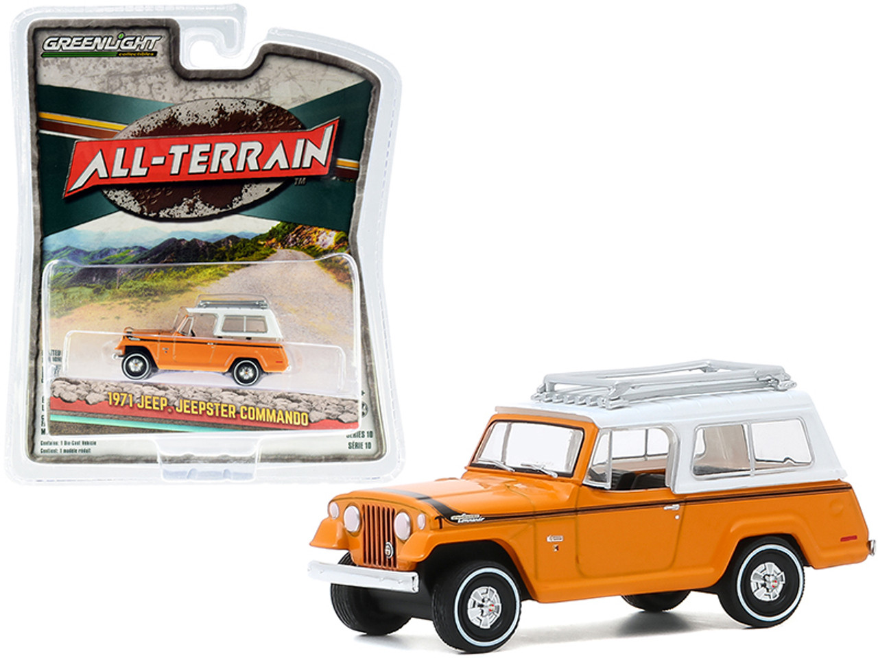 1971 Jeep Jeepster Commando with Roof Rack Orange with White Top "All Terrain" Series 10 1/64 Diecast Model Car by Greenlight 1971 Jeep Jeepster Commando with Roof Rack Orange with White Top "All Terrain" Series 10 1/64 Diecast Model Car by Greenlight