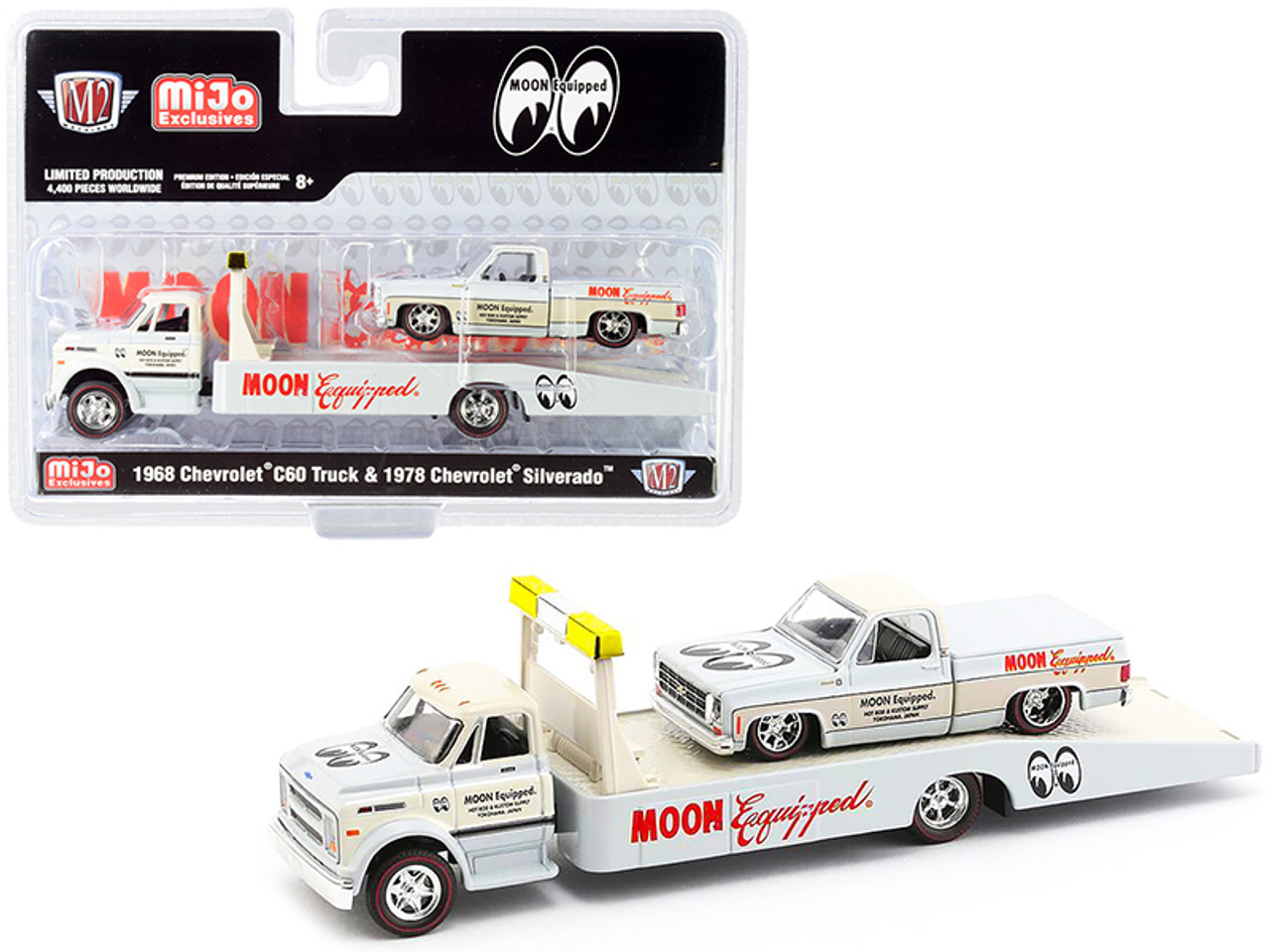 1968 Chevrolet C60 Ramp Truck and 1978 Chevrolet Silverado Pickup Truck with Bed Cover "Mooneyes Equipped" White and Cream Limited Edition to 4400 pieces Worldwide 1/64 Diecast Models by M2 Machines
