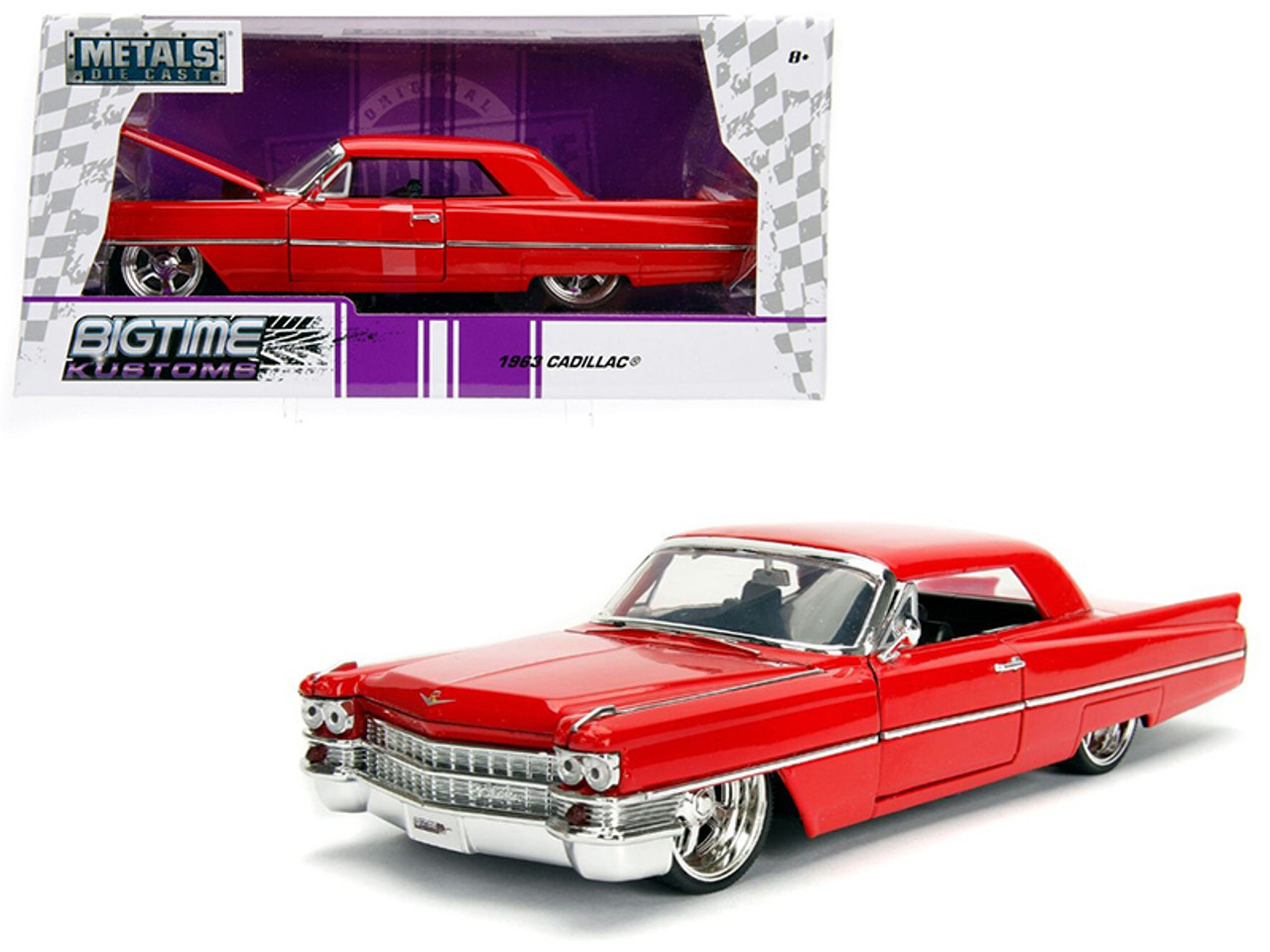 1963 Cadillac Red "Bigtime Kustoms" 1/24 Diecast Model Car by Jada (NO RETAIL BOX)