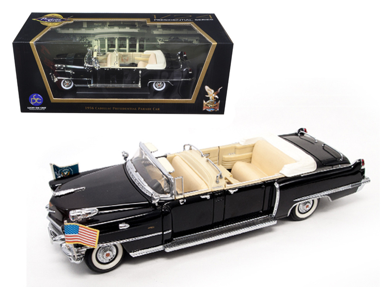 1956 Cadillac Series 62 Parade Limousine Black with Flags 1/24 Diecast  Model Car by Road Signature