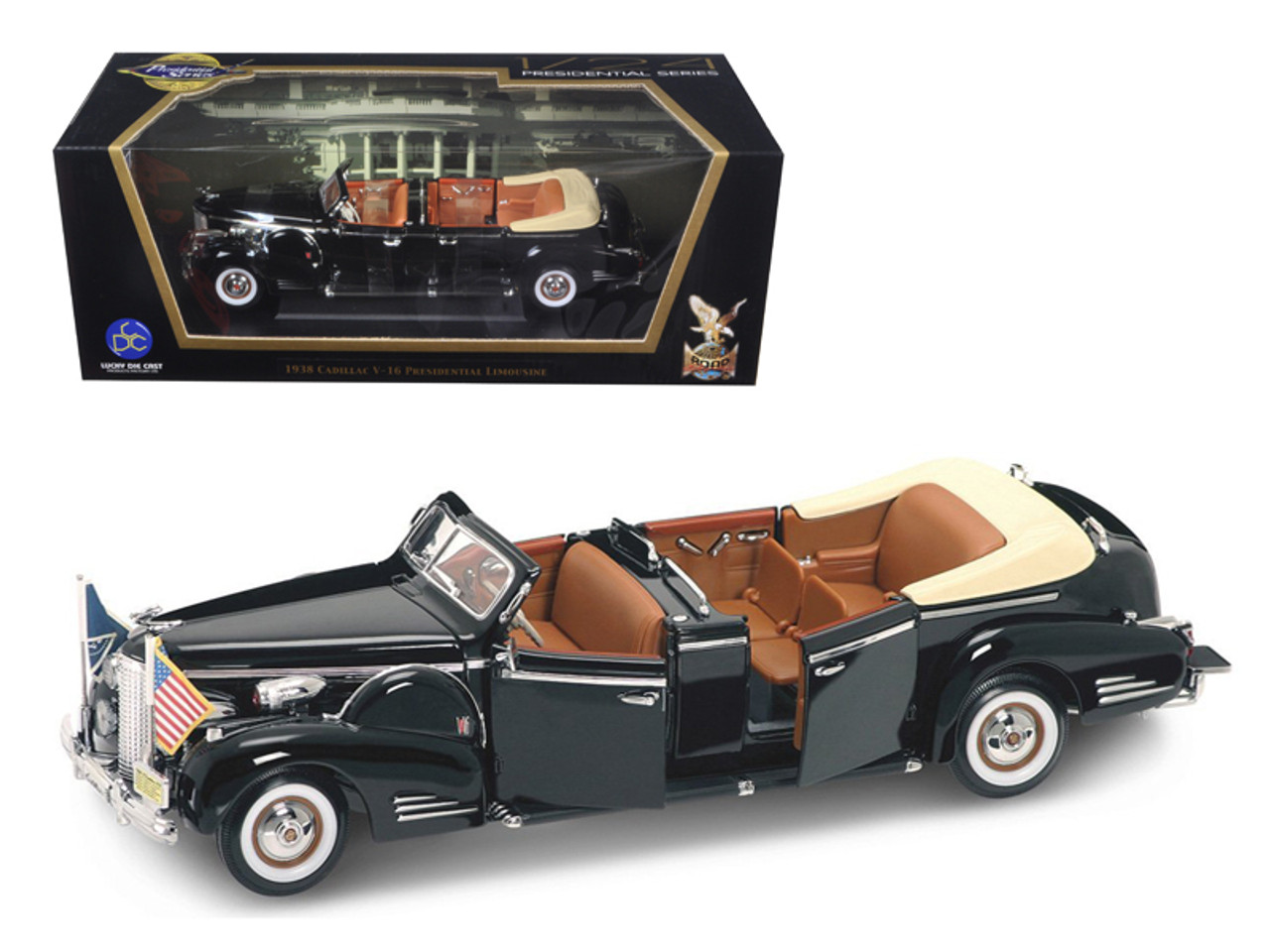 1938 Cadillac V-16 Roosevelt Limousine with Flags 1/24 Diecast Car Model by  Road Signature