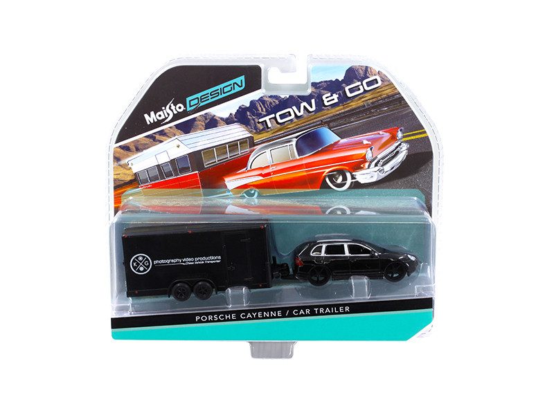 1/64 マイスト PORSCHE CAYENNE 牽引車 Porsche Cayenne Black and Car Trailer Tow & Go 1/64 Diecast Model