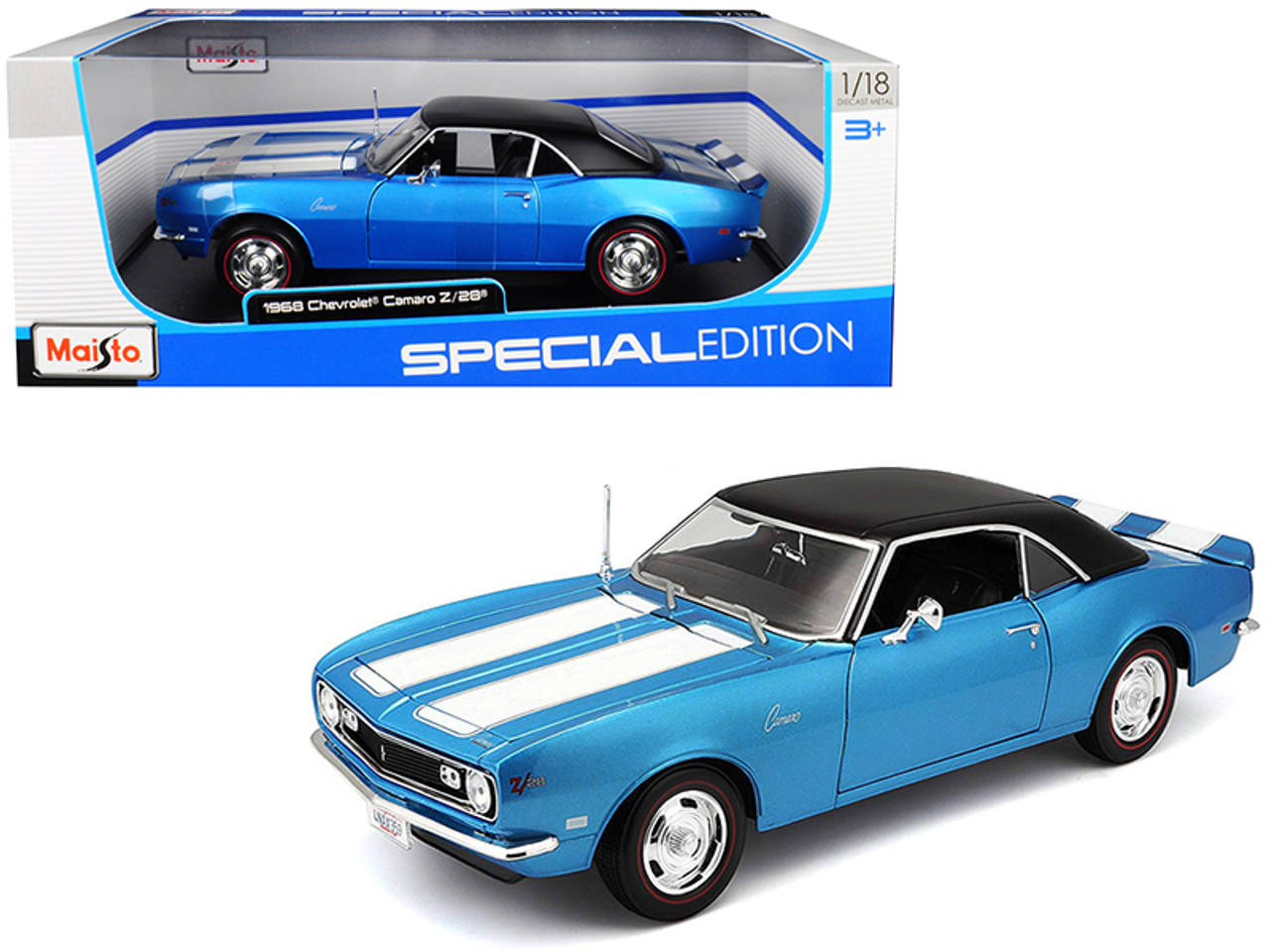 1968 Chevrolet Camaro Z/28 Coupe Blue Metallic with White Stripes and Black  Top 1/18 Diecast Model Car by Maisto