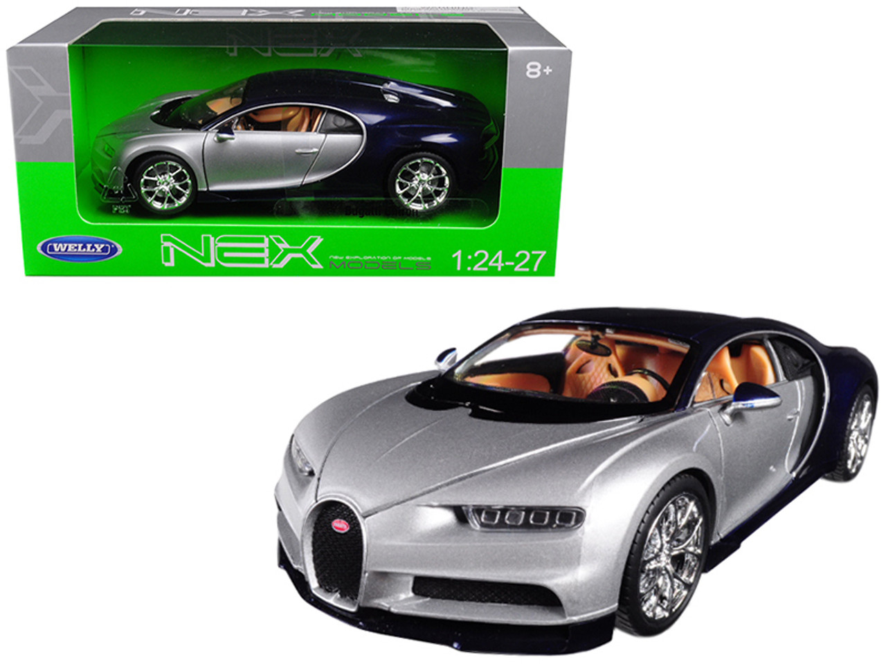 Bugatti Chiron Silver / Blue 1/24 - 1/27 Diecast Model Car by Welly