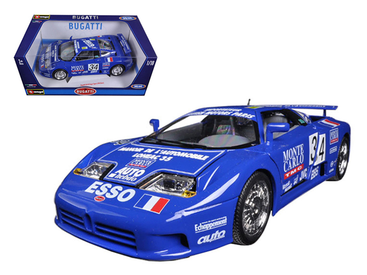 Bugatti EB110 Super Sport #34 Alain Cudini - Eric Helary - Jean-Christophe Boullion "Monte Carlo TMC" (Michel Hommell Team) 24 Hours of Le Mans (1994) 1/18 Diecast Model Car by Bburago