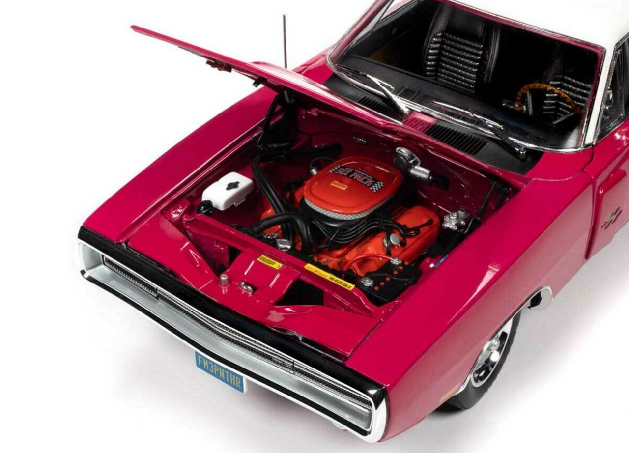 1/18 Auto World 1970 Dodge Charger R/T SE 440 Hardtop (Panther Pink with White Top and Stripe and Black Stripes" Class of 1970 Diecast Car Model