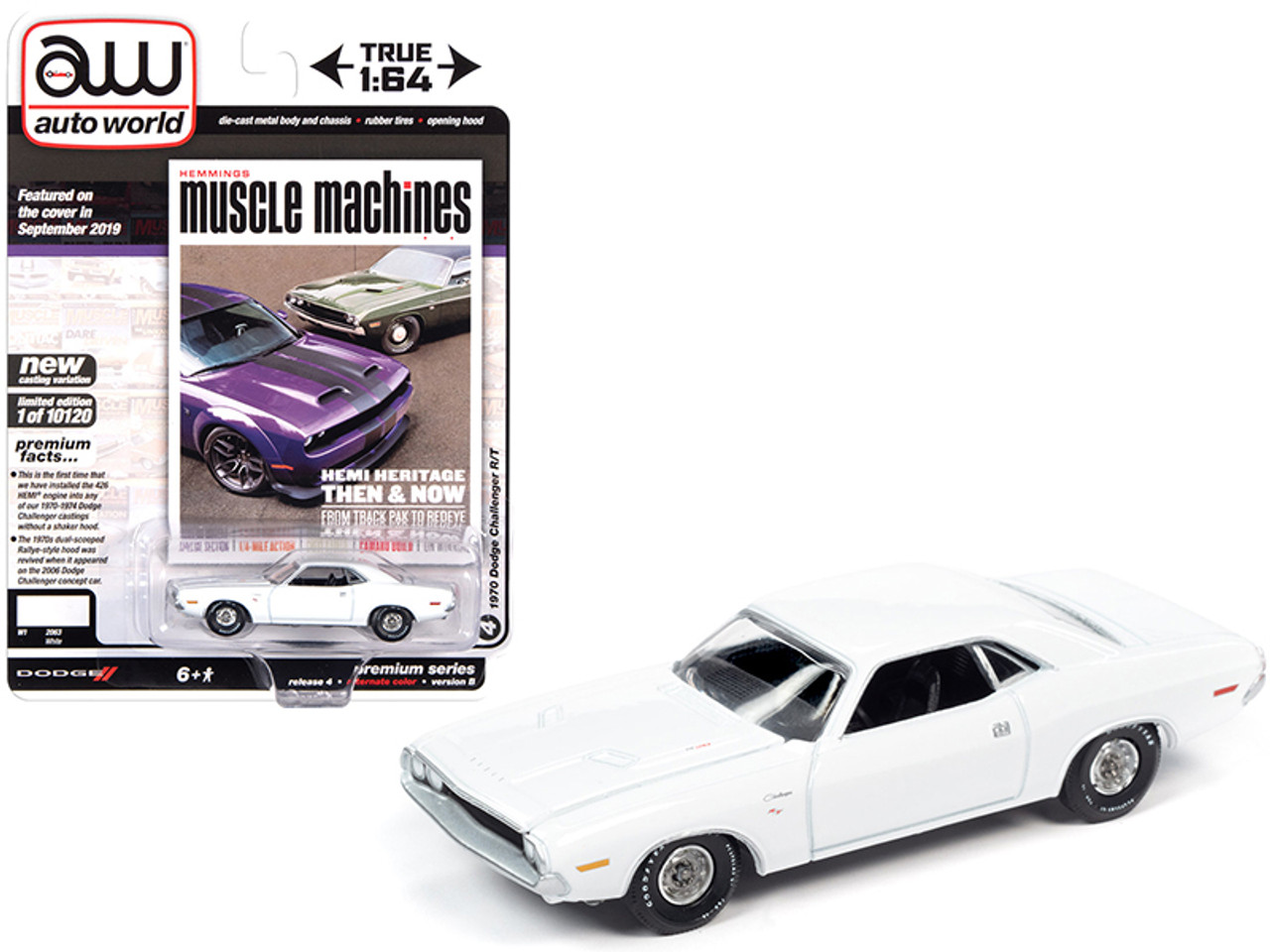 1970 Dodge Challenger R/T White "Hemmings Muscle Machines" Magazine Cover Car (September 2019) Limited Edition to 10120 pieces Worldwide 1/64 Diecast Model Car by Autoworld