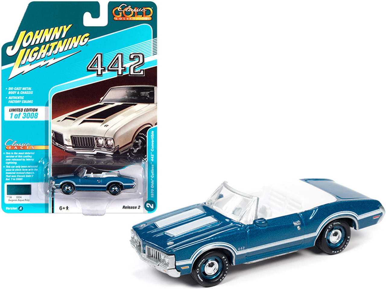 1970 Oldsmobile Cutlass 442 Convertible Aegean Aqua Blue Metallic with White Stripes and White Interior "Classic Gold Collection" Limited Edition to 3008 pieces Worldwide 1/64 Diecast Model Car by Johnny Lightning