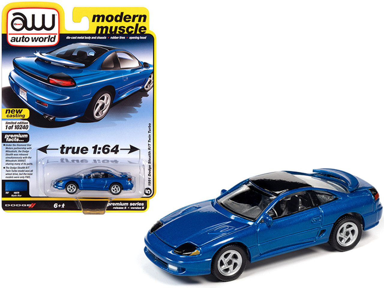 1991 Dodge Stealth R/T Twin Turbo Mystic Blue Metallic with Black Top "Modern Muscle" Limited Edition to 10240 pieces Worldwide 1/64 Diecast Model Car by Autoworld