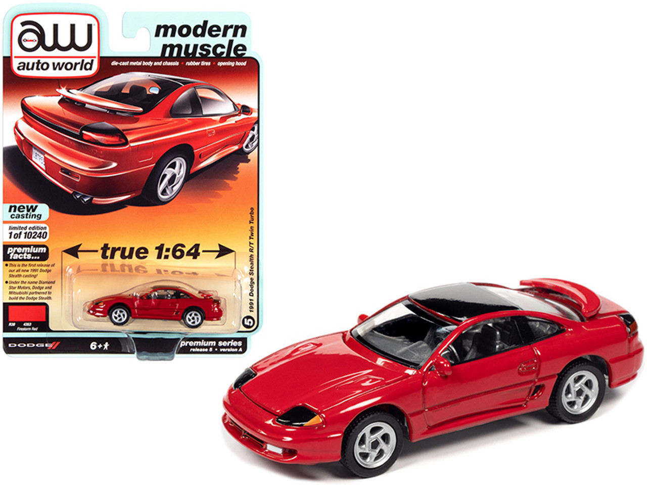 1991 Dodge Stealth R/T Twin Turbo Firestorm Red with Black Top "Modern Muscle" Limited Edition to 10240 pieces Worldwide 1/64 Diecast Model Car by Autoworld