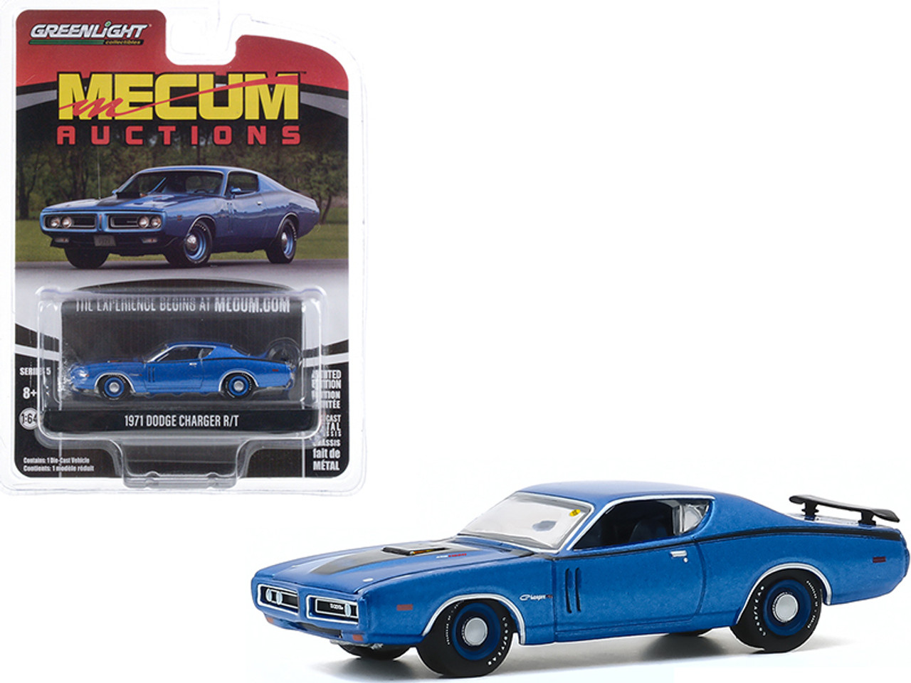 1971 Dodge Charger R/T Blue Metallic with Black Stripes (Dallas 2019) "Mecum Auctions Collector Cars" Series 5 1/64 Diecast Model Car by Greenlight