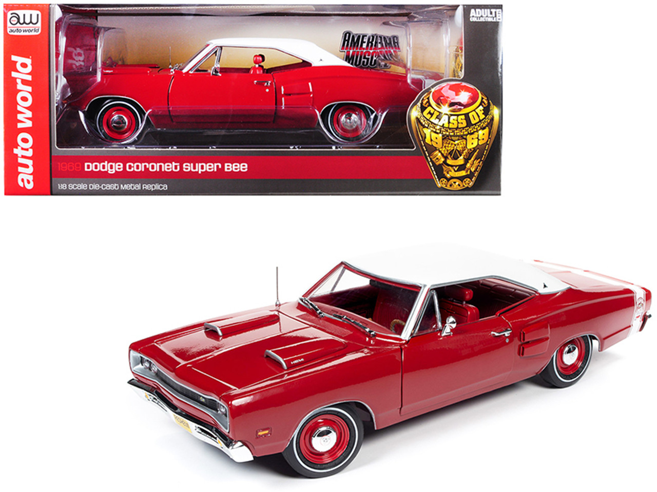 1/18 Auto World 1969 Dodge Super Bee Hardtop Dark R6 (Red with White Top) Diecast Car Model
