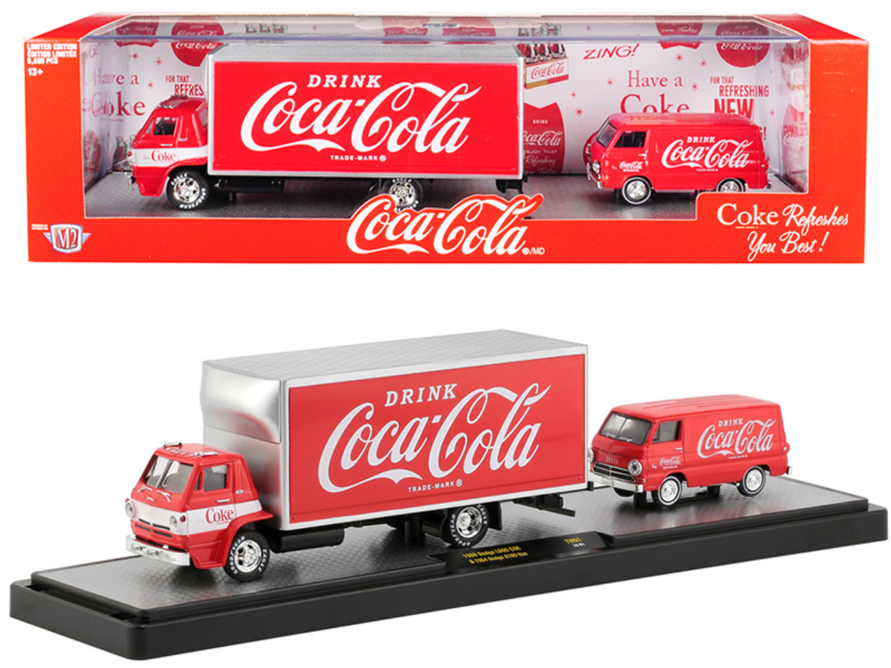 1969 Dodge L600 COE Truck Coke Red with White Stripe and 1964 Dodge A100 Van Coke Red "Coca-Cola" Set Limited Edition to 5880 pieces Worldwide 1/64 Diecast Models by M2 Machines