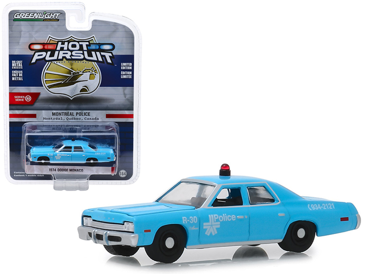 1974 Dodge Monaco "Montreal Police" (Canada) Light Blue "Hot Pursuit" Series 32 1/64 Diecast Model Car by Greenlight