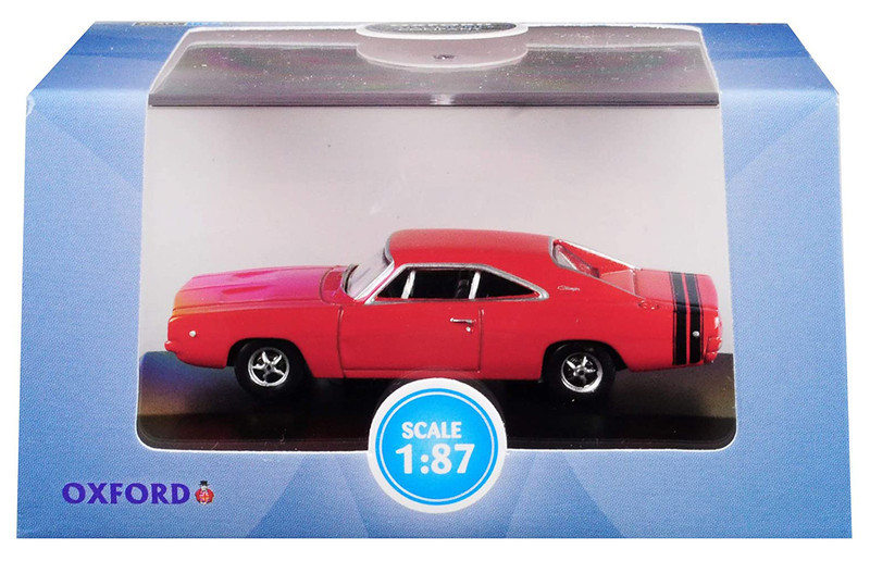 1968 Dodge Charger Bright Red with Black Stripes 1/87 (HO) Scale Diecast Model Car by Oxford Diecast
