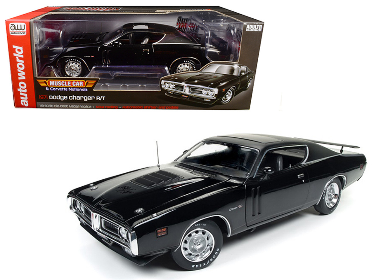 1971 Dodge Charger R/T TX9 Black on Black Hardtop with Sunroof MCACN Limited Edition to 1002pc 1/18 Diecast Model Car by Autoworld