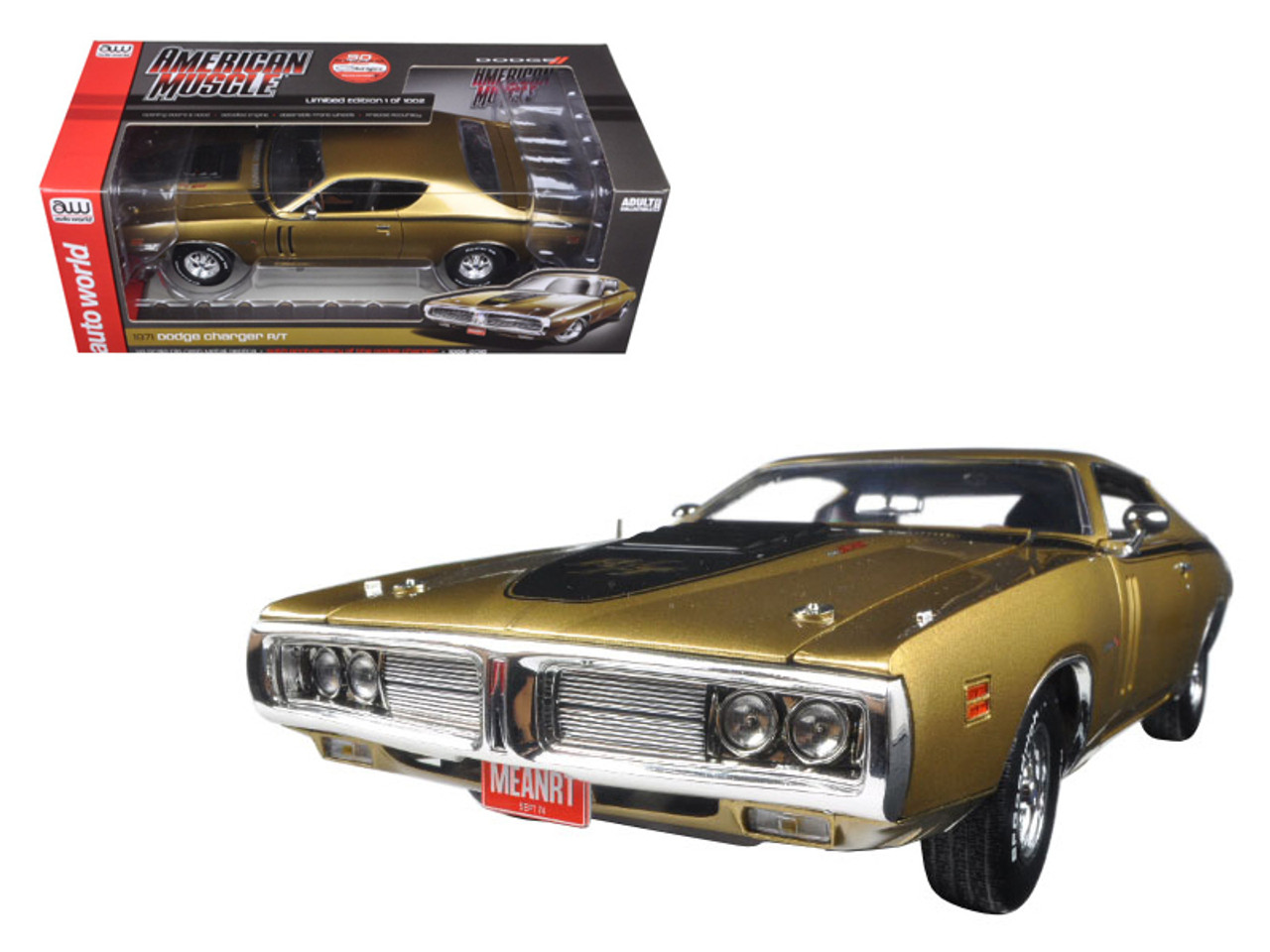 1971 Dodge Charger R/T 440 Six Pack 50th Anniversary GY8 Metallic Gold Limited Edition to 1002pc 1/18 Diecast Model Car by Autoworld