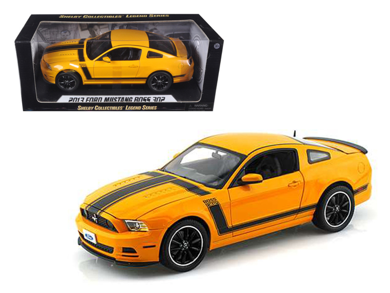 2013 Ford Mustang Boss 302 Yellow with Black Stripes 1/18 Diecast Model Car by Shelby Collectibles