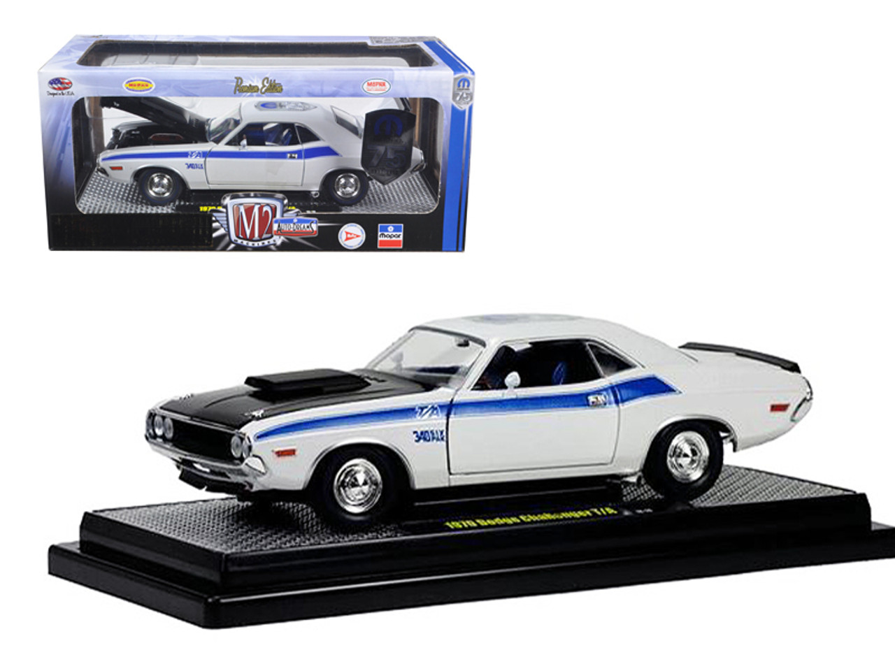 1970 Dodge Challenger T/A 340 Six Pack Pearl White 75th Mopar Anniversary 1/24 Diecast Model Car by M2 Machines