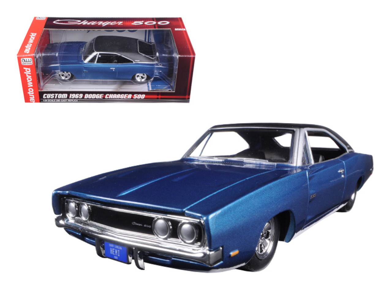 Custom 1969 Dodge Charger 500 Blue Poly 1/24 Diecast Model Car by Autoworld